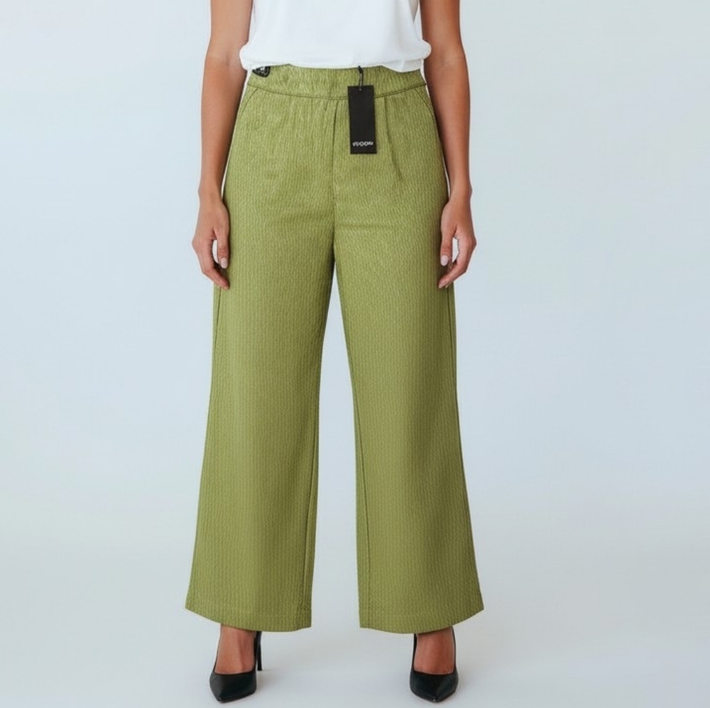 Nasty Gal Petite Green Textured Jacquard Split Hem Wide Leg Trousers Size US 2